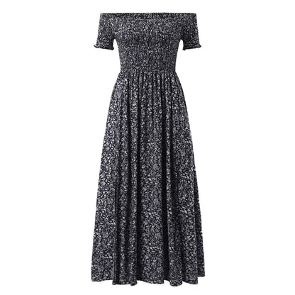Off-Shoulder Boho Maxi Dress with Side Slit – Floral Print Summer Dress for Women