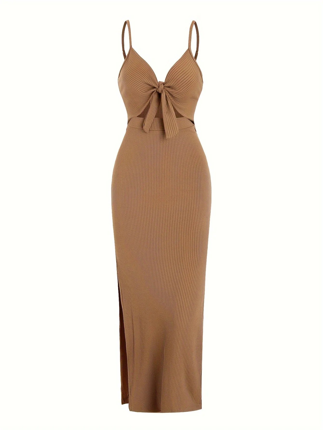 Chic Ribbed Bodycon Midi Dress with Front Knot and Side Slit
