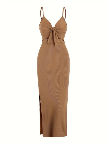 Chic Ribbed Bodycon Midi Dress with Front Knot and Side Slit