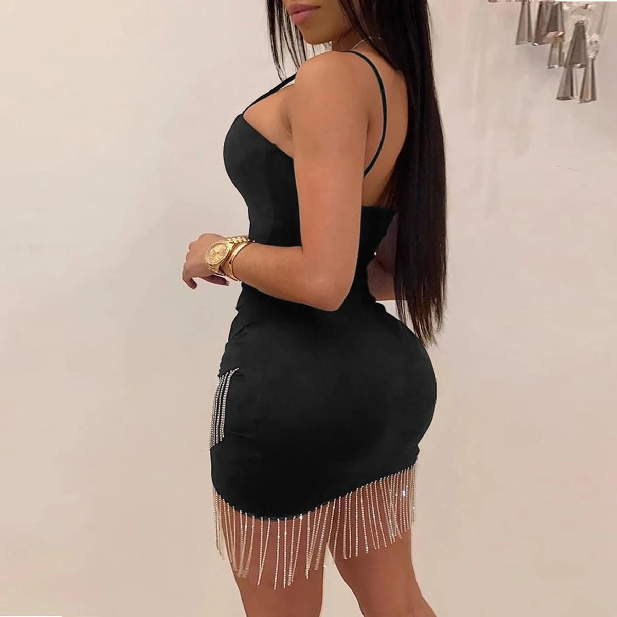 Black and White Crystal Fringe Bodycon Dress