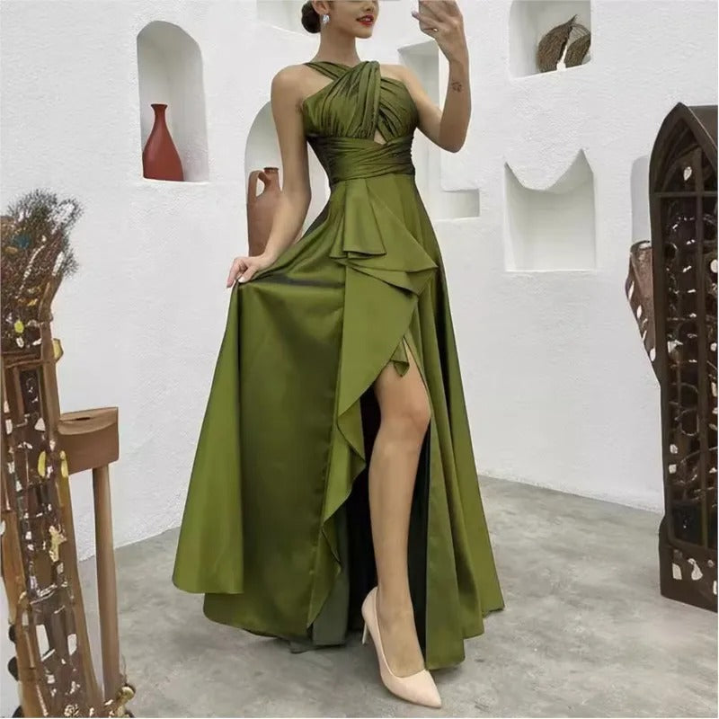 Royal Dress Cross-Halter Evening Gown with Ruffle Detail and High Slit