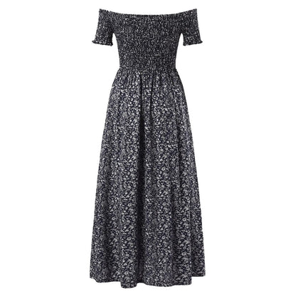 Off-Shoulder Boho Maxi Dress with Side Slit – Floral Print Summer Dress for Women