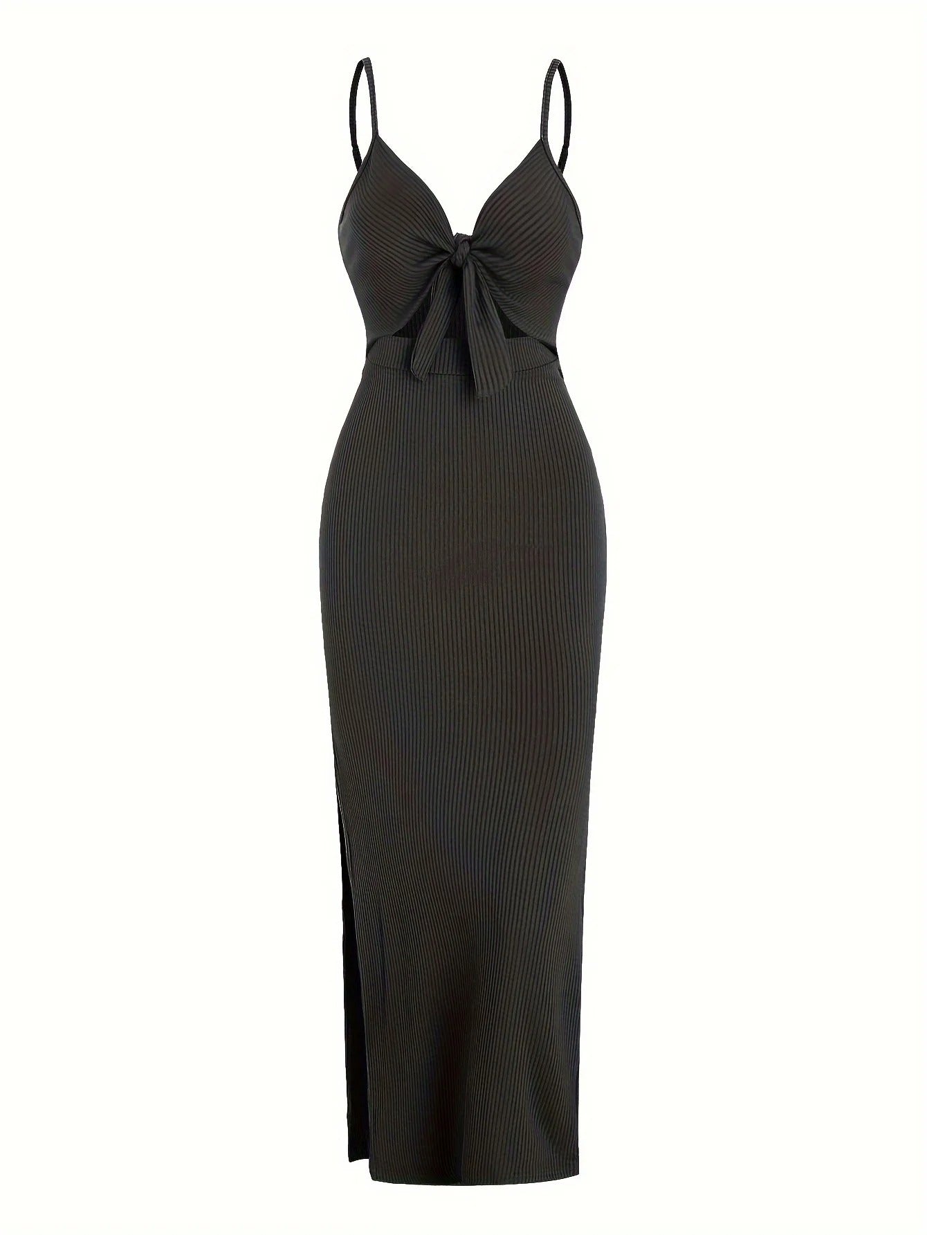 Chic Ribbed Bodycon Midi Dress with Front Knot and Side Slit