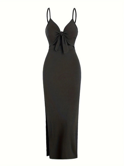 Chic Ribbed Bodycon Midi Dress with Front Knot and Side Slit