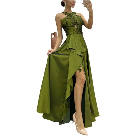 Royal Dress Cross-Halter Evening Gown with Ruffle Detail and High Slit