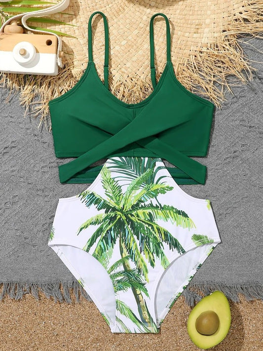 Tropical Palm High-Waist Bikini Set