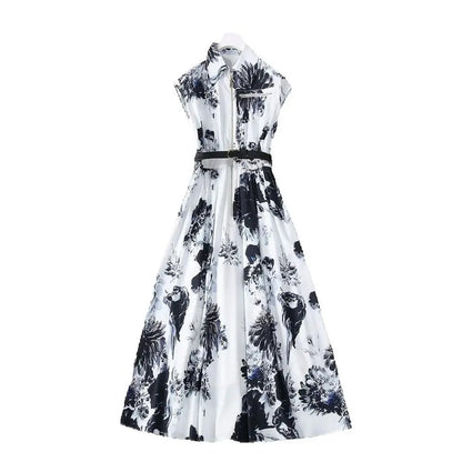 Midnight Blossom Belted Shirt Dress
