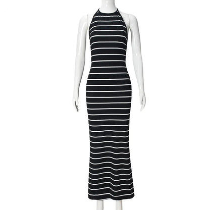 Black and White Striped Halter Neck Bodycon Maxi Dress – Sleeveless Slim Fit Evening