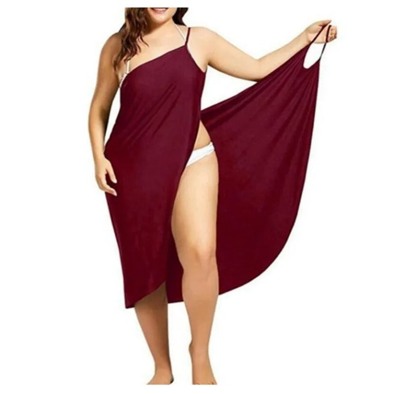 Elegant Burgundy Asymmetrical Beach Cover-Up Dress – Plus Size