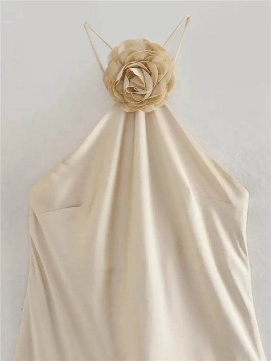 Timeless Ivory Satin Halter Gown with Romantic Rose Detail