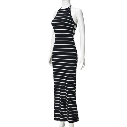 Black and White Striped Halter Neck Bodycon Maxi Dress – Sleeveless Slim Fit Evening