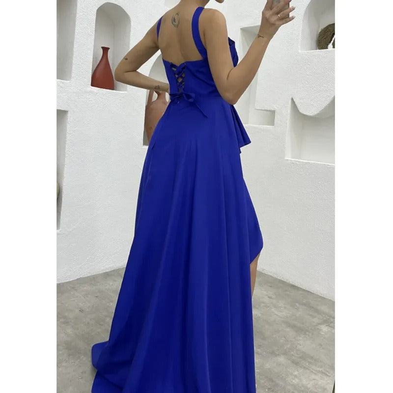 Royal Dress Cross-Halter Evening Gown with Ruffle Detail and High Slit