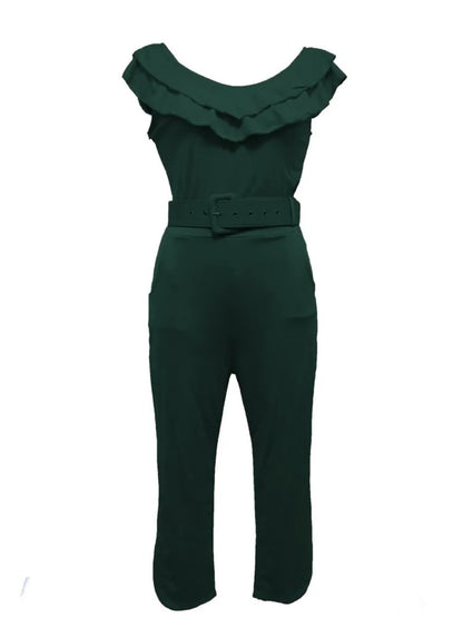 Chic Ruffle Neck Belted Jumpsuit