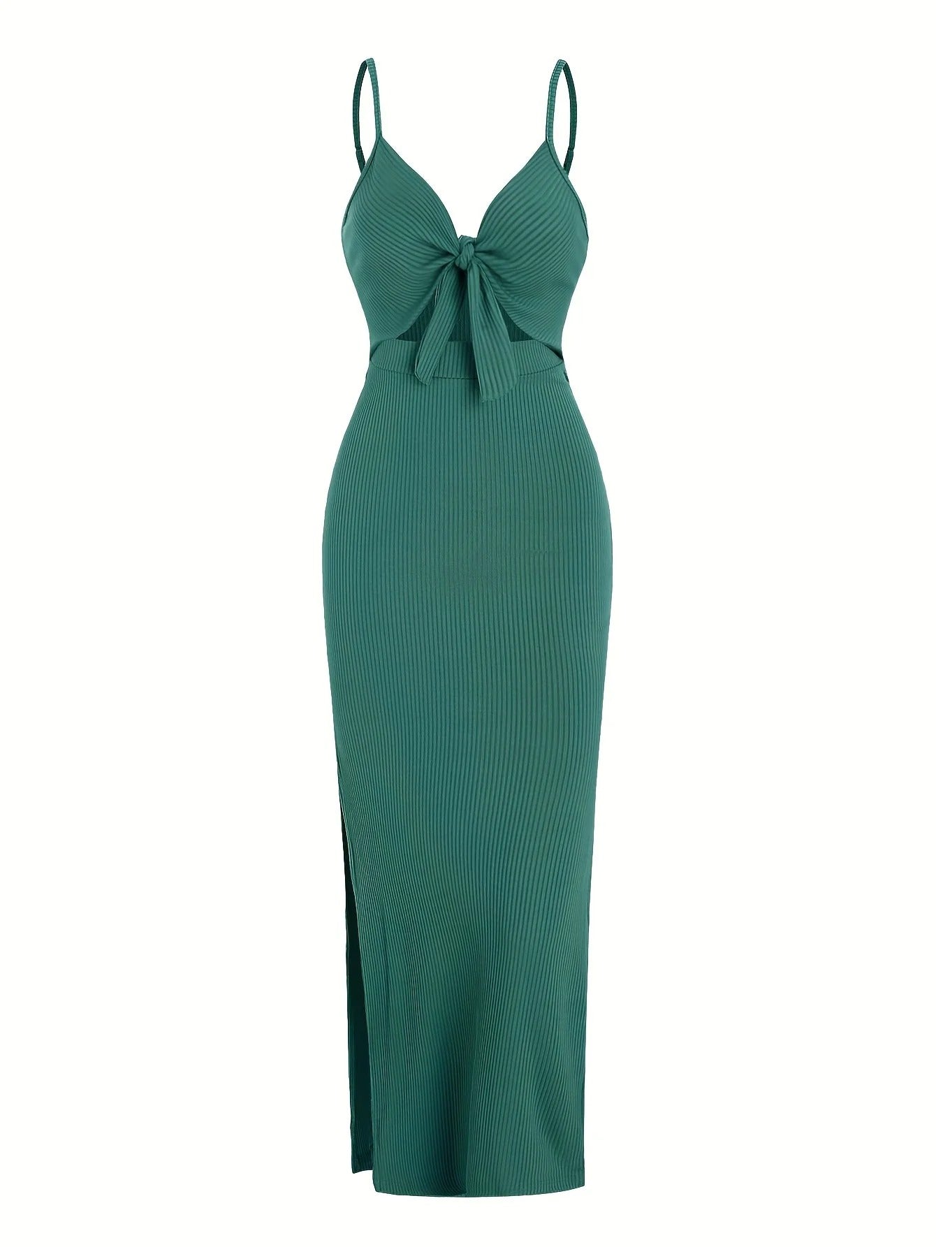 Chic Ribbed Bodycon Midi Dress with Front Knot and Side Slit