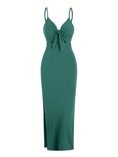 Chic Ribbed Bodycon Midi Dress with Front Knot and Side Slit