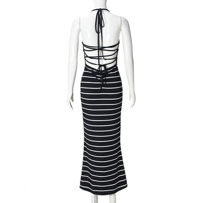 Black and White Striped Halter Neck Bodycon Maxi Dress – Sleeveless Slim Fit Evening