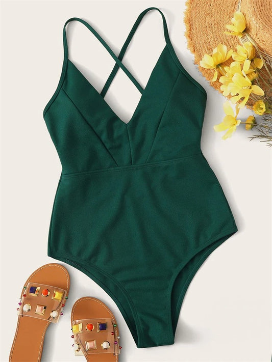 Emerald Elegance One-Piece Swimsuit – Deep V Crisscross
