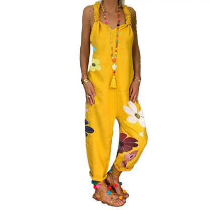 🌸 Boho Floral Print Black Jumpsuit