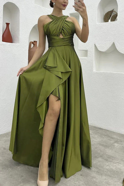 Royal Dress Cross-Halter Evening Gown with Ruffle Detail and High Slit