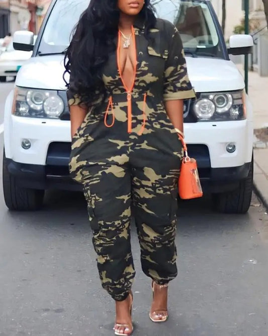 Bold Camo Chic Zip-Up Jumpsuit
