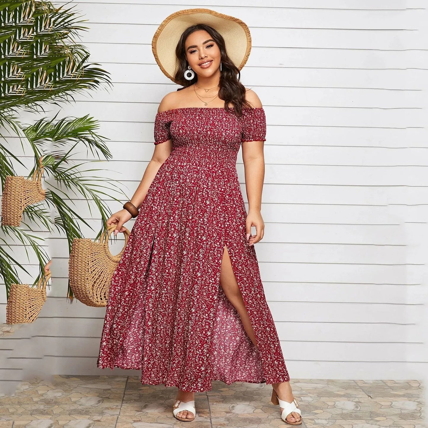 Off-Shoulder Boho Maxi Dress with Side Slit – Floral Print Summer Dress for Women