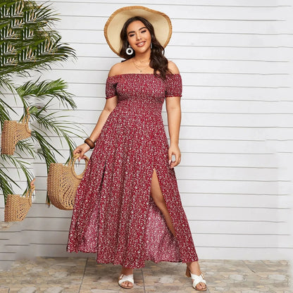 Off-Shoulder Boho Maxi Dress with Side Slit – Floral Print Summer Dress for Women
