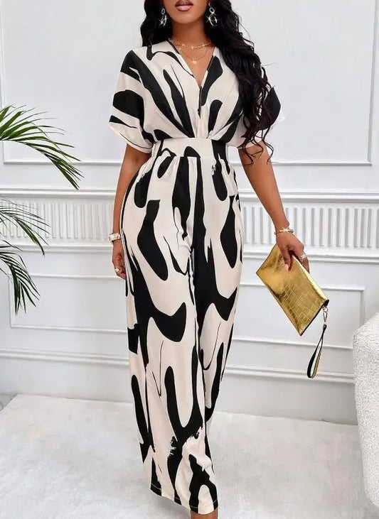 Chic V-Neck Abstract Pattern Jumpsuit