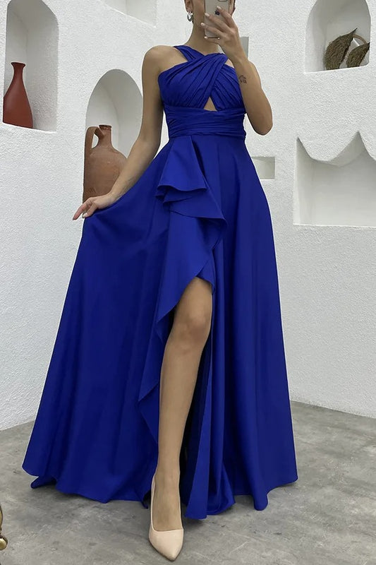 Royal Dress Cross-Halter Evening Gown with Ruffle Detail and High Slit