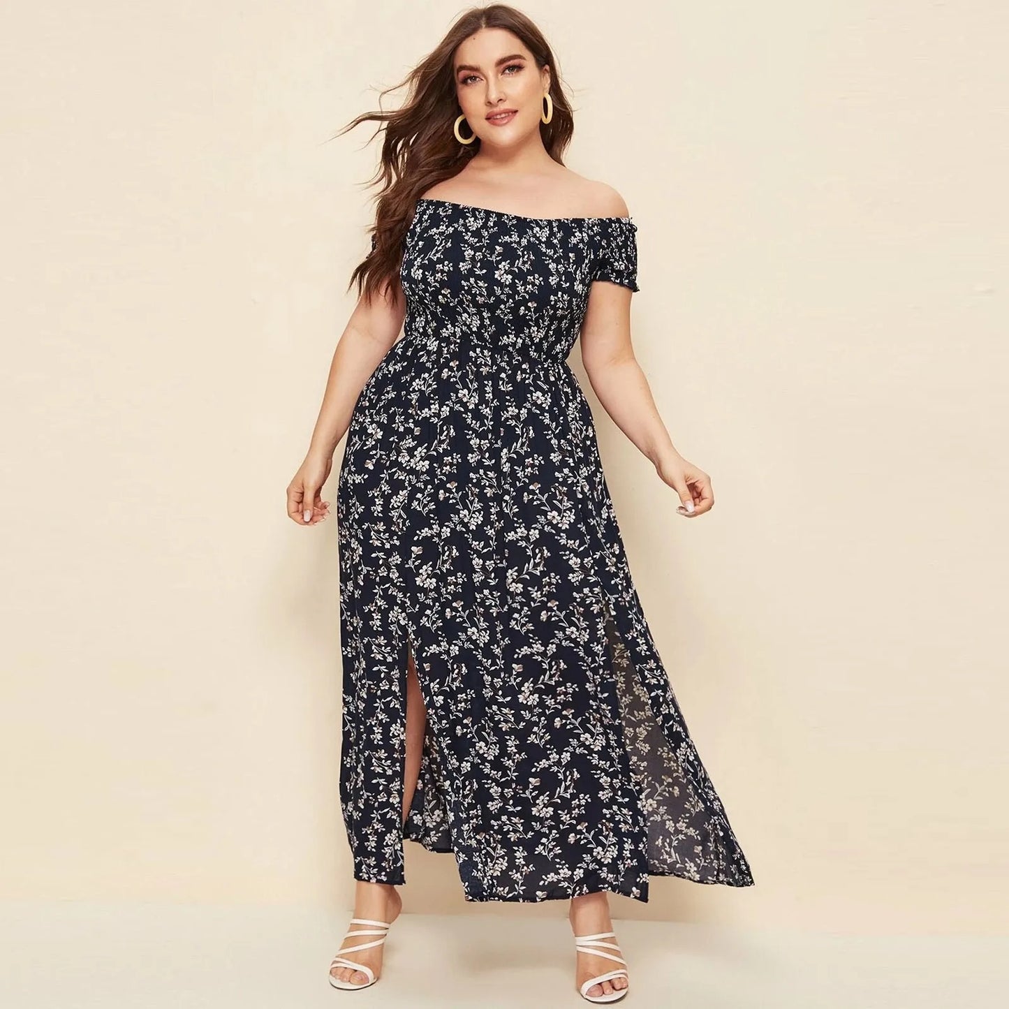 Off-Shoulder Boho Maxi Dress with Side Slit – Floral Print Summer Dress for Women