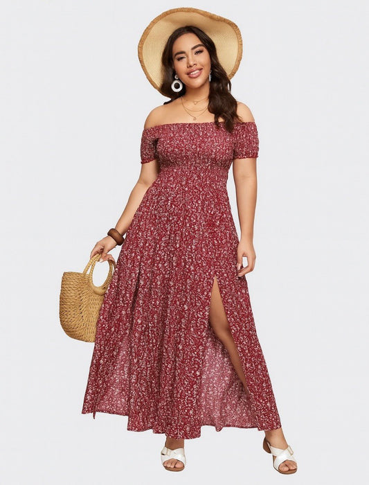 Off-Shoulder Boho Maxi Dress with Side Slit – Floral Print Summer Dress for Women