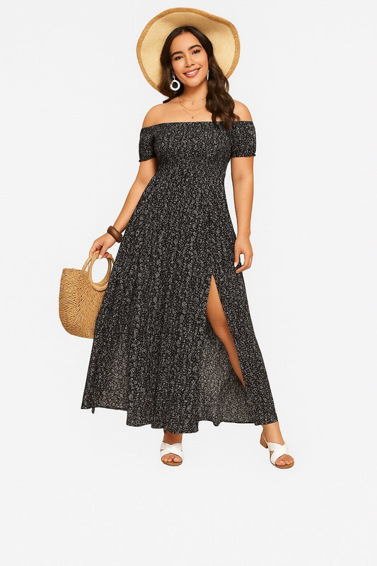 Off-Shoulder Boho Maxi Dress with Side Slit – Floral Print Summer Dress for Women