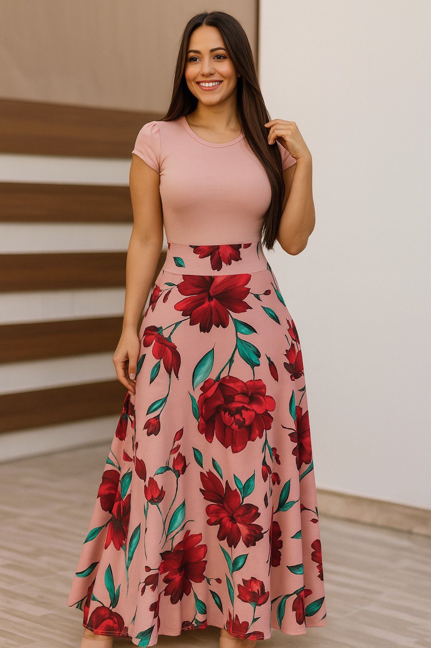 Graceful Pink and Red Floral Dress – Perfect for Summer Events