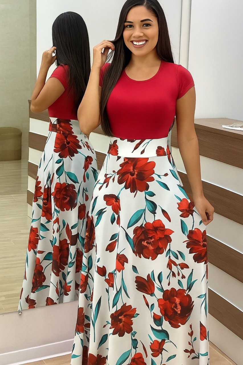 Graceful Pink and Red Floral Dress – Perfect for Summer Events