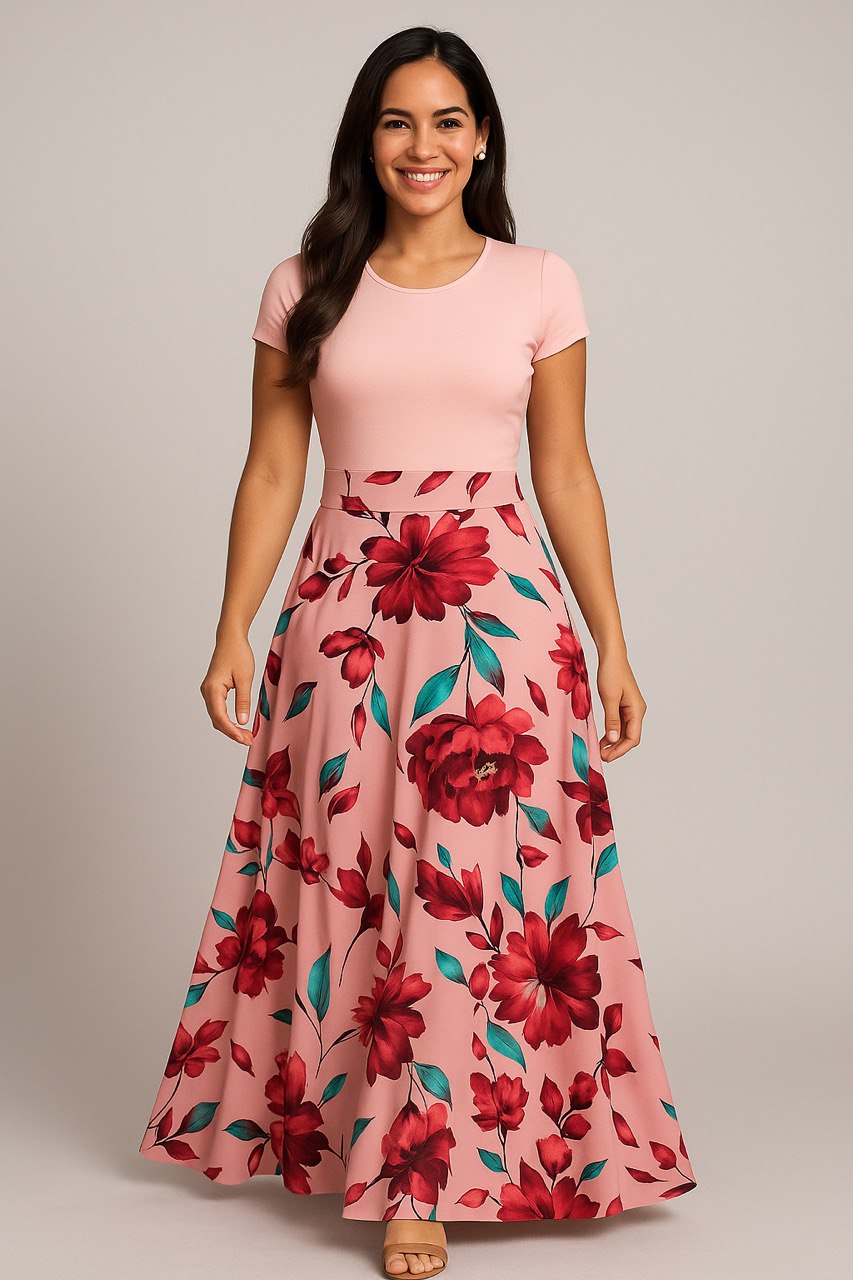 Graceful Pink and Red Floral Dress – Perfect for Summer Events