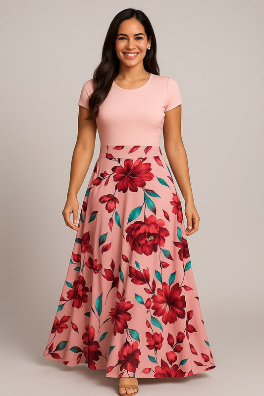 Graceful Pink and Red Floral Dress – Perfect for Summer Events