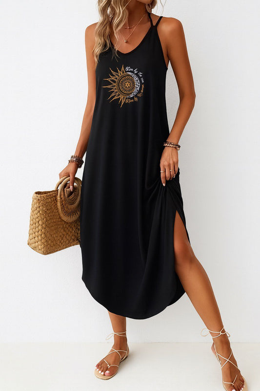 Boho Sun & Moon Halter Maxi Dress – Black