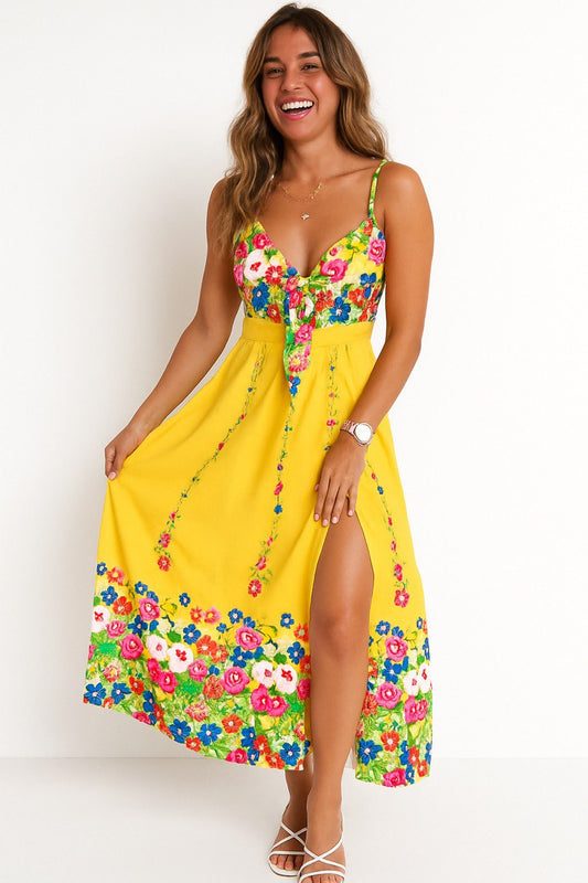 Vibrant Yellow Floral Maxi Dress with Front Tie and Side Slit– Perfect for Summer Day