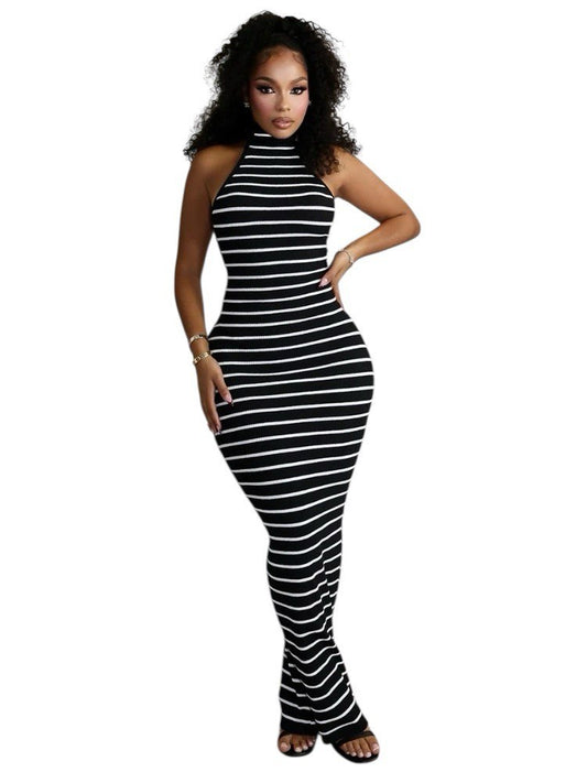 Black and White Striped Halter Neck Bodycon Maxi Dress – Sleeveless Slim Fit Evening