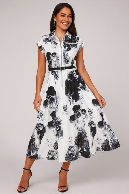 Midnight Blossom Belted Shirt Dress