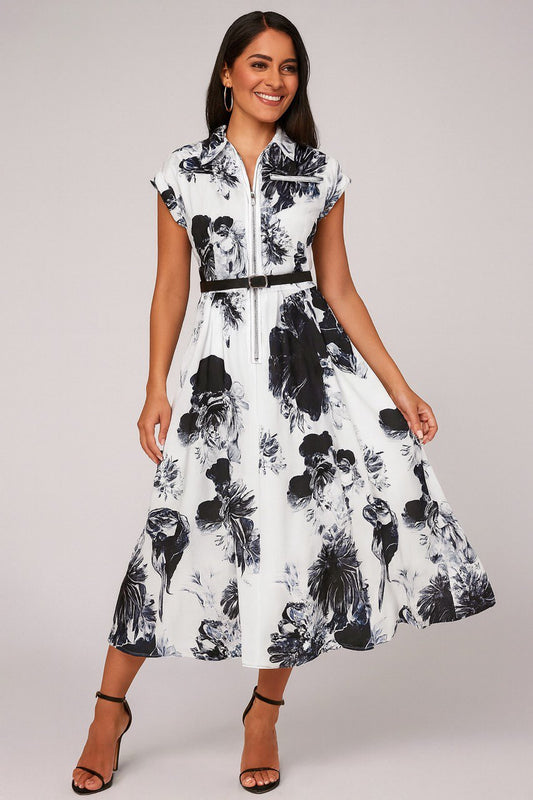 Midnight Blossom Belted Shirt Dress